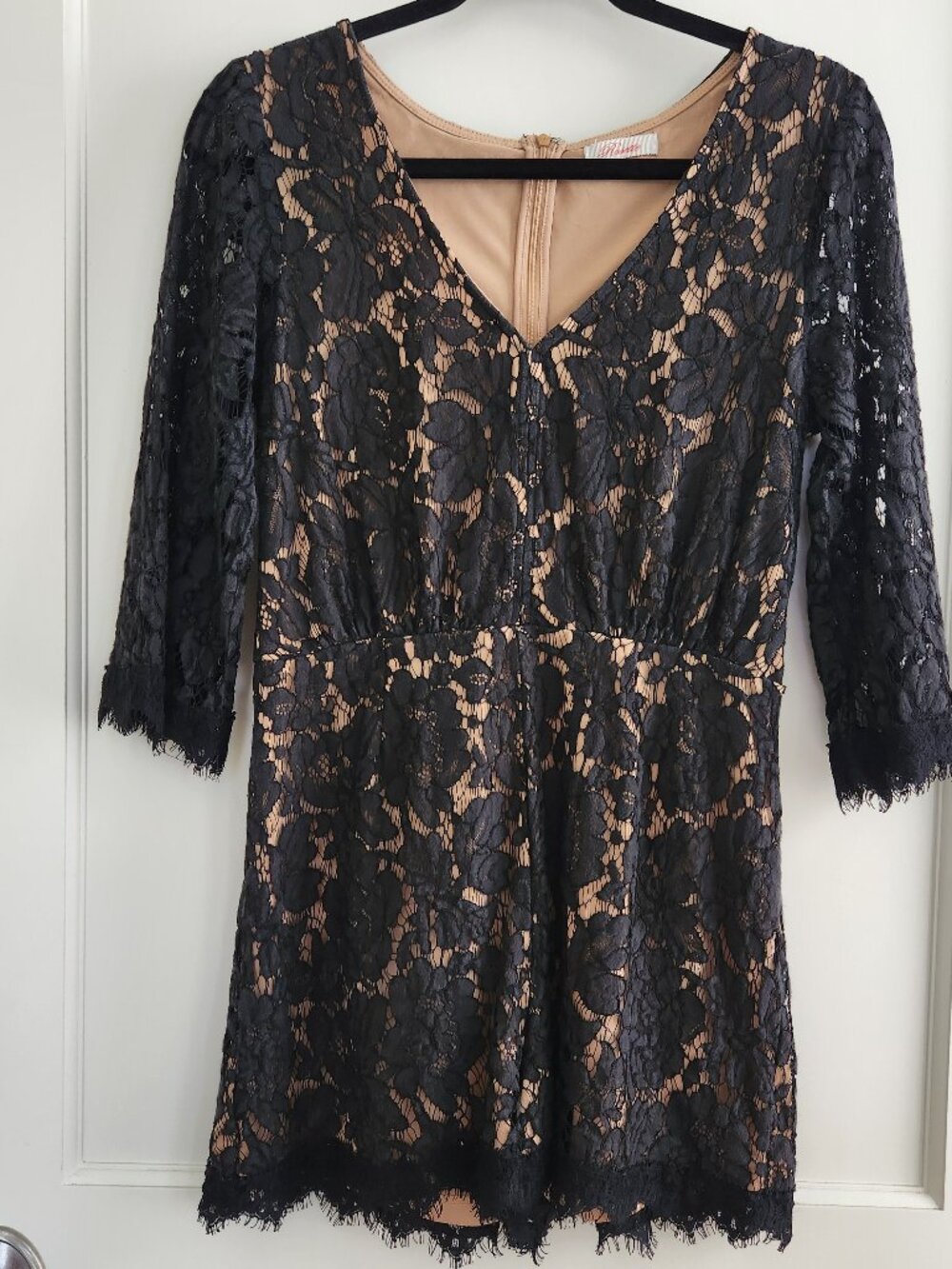 Black Lace Romper Nude Lining Long Sleeve V Neck Romper Size M